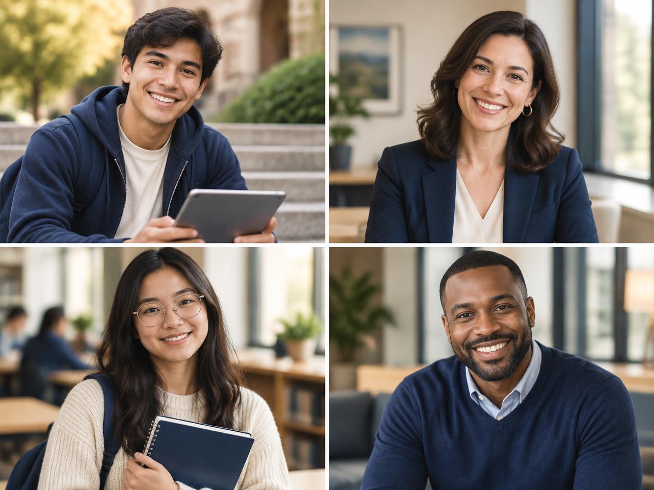 A student, a professional woman, a young woman with glasses and a business leader, smiling