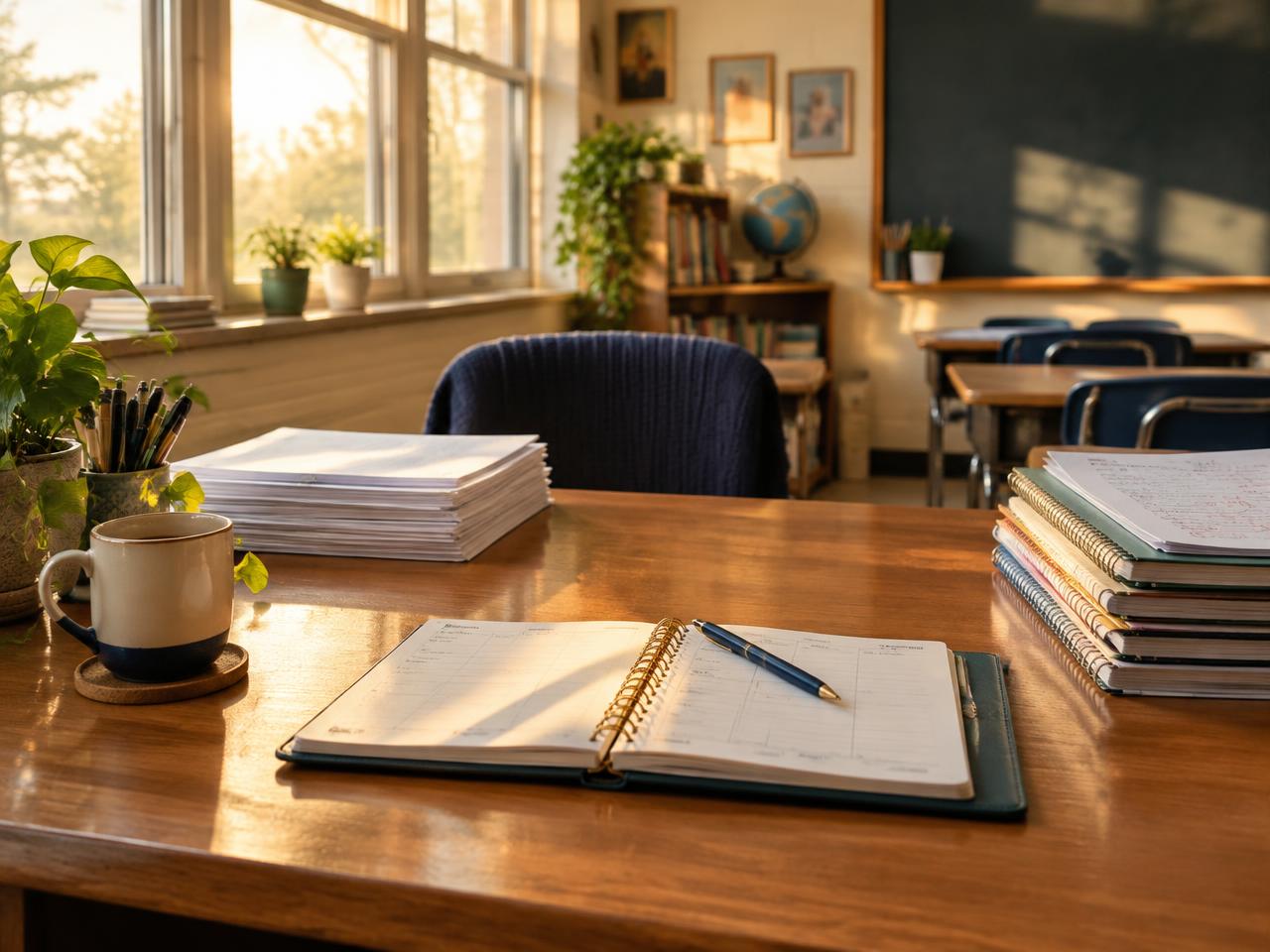 A calm classroom desk with a planner and neat stack of papers in afternoon light