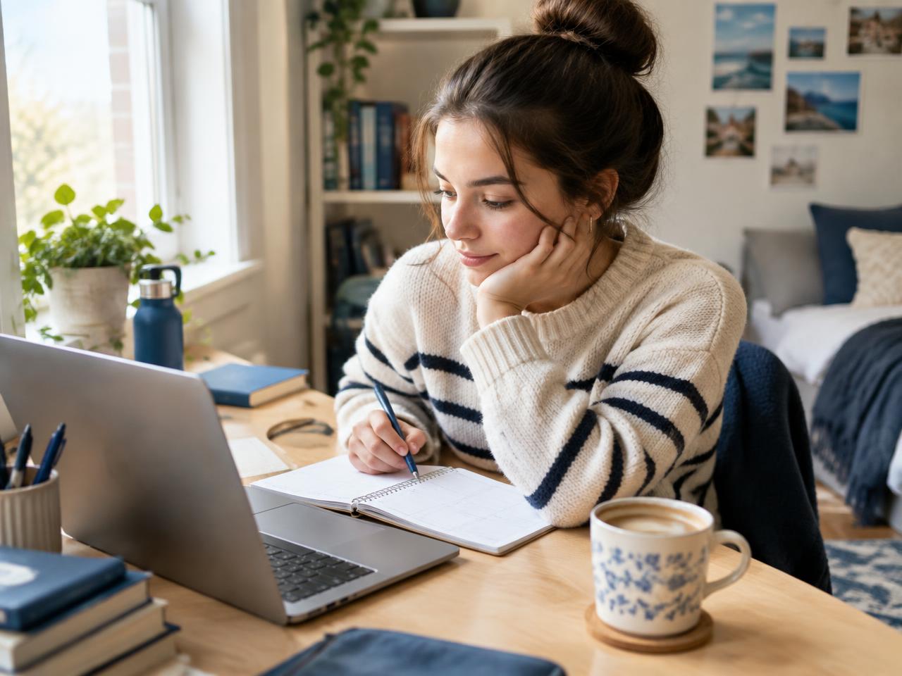 A student at a tidy desk with a laptop and a weekly plan